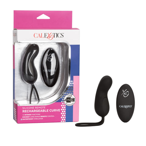 CalExotics Silicone Remote Rechargeable Curve Vibrator, 12-Function Waterproof Silicone Stimulator with Easy Retrieval Cord Black SE-0077-40-3