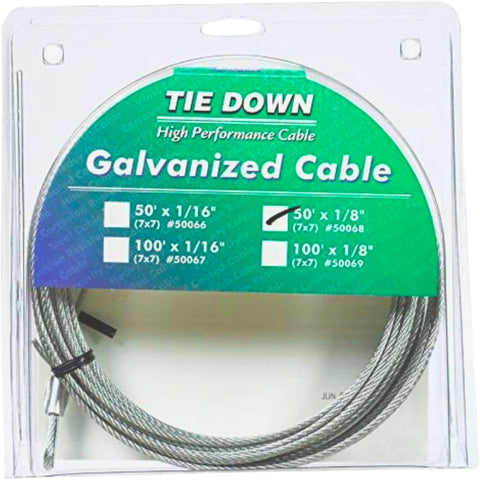 Tie Down 1/8" x 50 ft Galvanized Steel Aircraft Cable – 7x7 Wire Rope with Swagged Loop & Thimble | 1,700 lb Break Strength | Ideal for Hanging, Hoisting, Light Rigging & DIY Projects