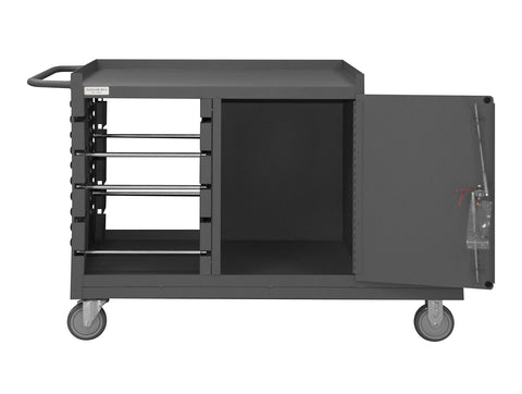 Mobile Wire Spool & Maintenance Cart With 5 Inch x 1-1/4 Inch Polyurethane Casters (2) Rigid (2) Swivel Side Brakes 5 Rods Organize Wires Ladder Hanger Basket Cabinet 1-1/2 Inch Top Lips Up Handle Gray