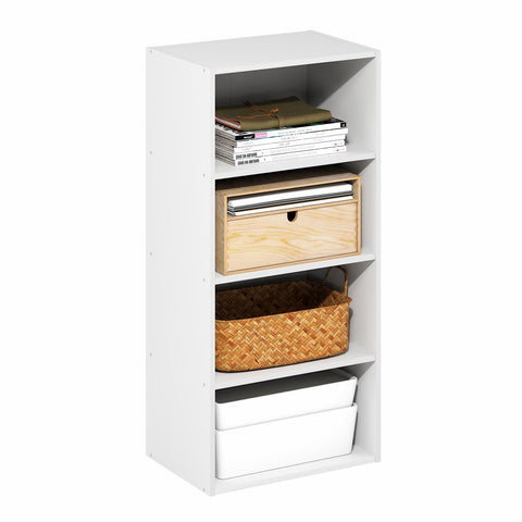 Furinno Basic Book Shelf, 4-Tier Bookcase with Open Shelf, Bookshelf, Cube Storage Organizer, 11 x 17 x 35, for Living Room, Bedroom, Home Office, White