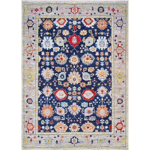 Pasargad Home Oushak Collection Floral Area Rug, Hand-Knotted Wool Navy/Silver Rugs for Living Room, Bedroom, Home Dining - 9'11" X 14' 0"