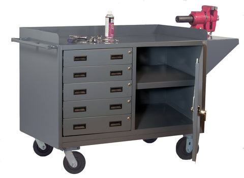 Mobile Bench Cabinet With 6 Inch X 2 Inch Phenolic Bolt-On Casters (2) Rigid And (2) Swivel 1 Shelf And 1 Door In Storage Area 5 Drawers With Tubular Push Handle Gray