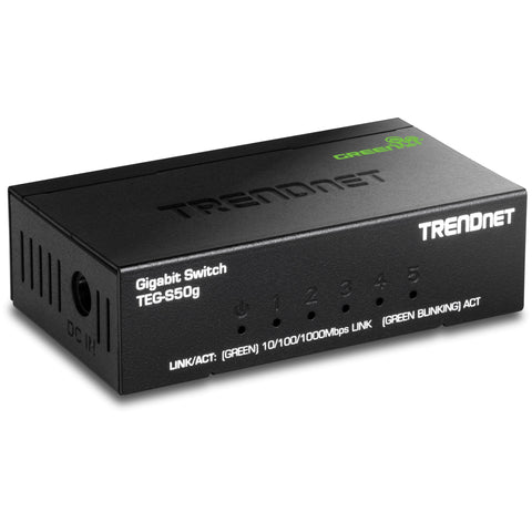 TRENDnet 5 Port Mini Gigabit Switch, TEG-S50g, GREENnet Technology, NDAA + TAA Compliant, Desktop Metal Ethernet Network Switch, 5 x Gigabit Ports, Fanless, Lifetime Protection, Black