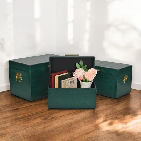 Cheungs Sable Set of 3 Green Rectangle Wood Trunks with Gold Handles - 19.25" Storage for Living Room
