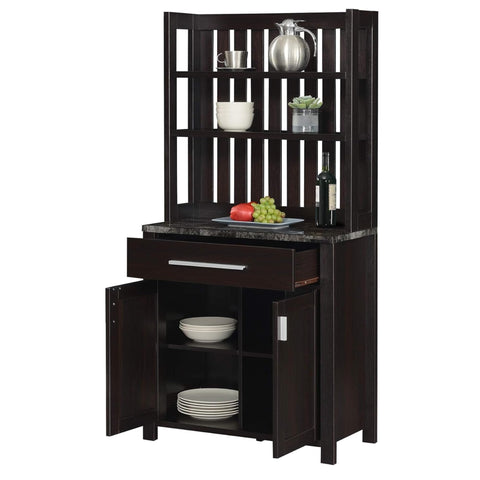 Oakestry Elegant Espresso Wine Bar Cabinet with Faux Marble Top – 1 Drawer, Open Shelves & Enclosed Storage for Bottles, Barware & Décor (Black Faux Marble/Espresso)