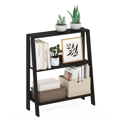 Furinno Ladder Book Shelf, 3-Tier Ladder Shelf, Open Design Bookshelf, Display Storage Bookcase, 9.3" x 23.6" x 27", Living Room, Home Office, Espresso