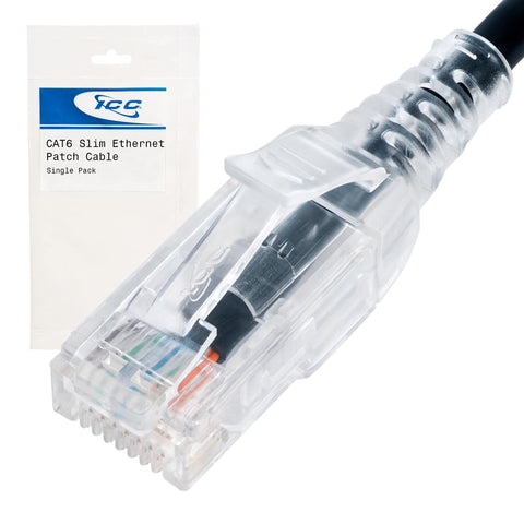 ICC CAT6 Slim Ethernet Patch Cord with Clear Boot Strain Relief, RJ45, Stranded, 550 MHz, UTP, Pure Bare Copper Wire, 28 AWG, LAN Network Patch Cable, Black, 3 FT