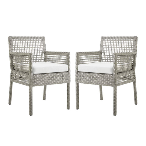 Modway Aura Wicker Rattan Outdoor Patio Two Dining Arm Chairs in Gray White