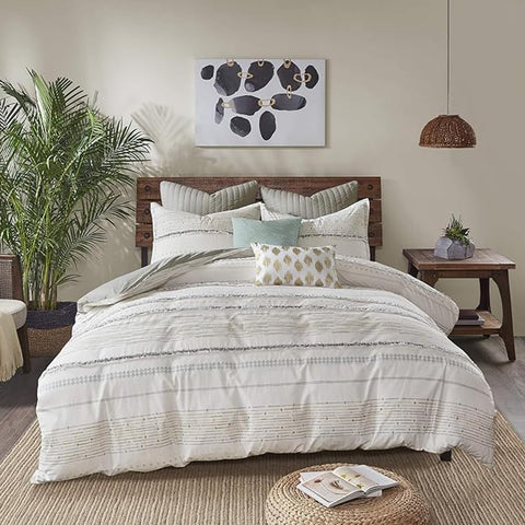 Oakestry Mid Century Stripe Pattern Trendy Geometric Design Breathable and Lightweight Comforter with Matching-Shams, King/Cal King, NEA Trims Grey/Multi
