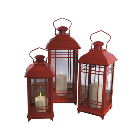 Melrose Lantern, Metal & Glass, Set of 3, Red, Candle Lantern Rustic Farmhouse Decor for Patio, Deck and Garden Tabletop and Hanging Outside Light