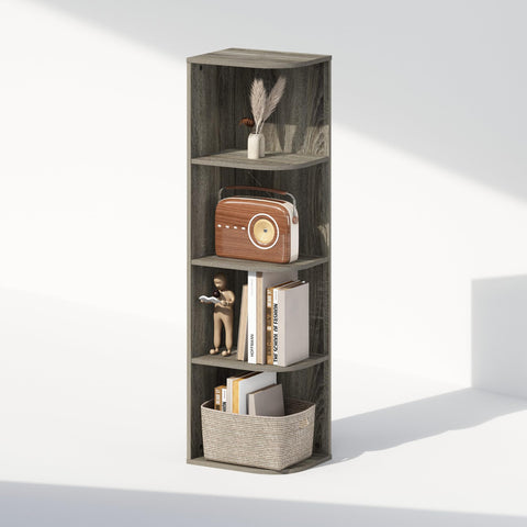 Furinno Reed Corner Shelf, 4-Tier Corner Bookshelf, Book Shelf, Corner Shelves, Storage Rack, for Organization and Storage, Home Office, Living Room, French Oak