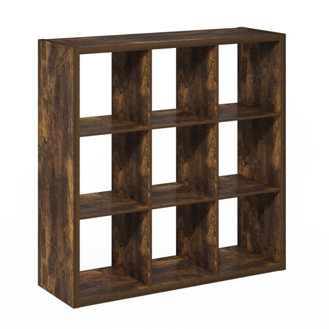 Furinno Cubicle Book Shelf, 9-Cube Bookshelf, Extra Thick Frame Reversible Bookcase with Open Back, 14.6" x 44" x 44", for Living Room, Bedroom, Home Office, Amber Pine
