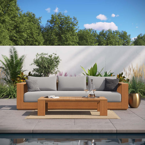 Modway Tahoe Acacia Wood 2-Piece Outdoor Patio Furniture Set in Natural Light Gray - Includes Sofa with Weather-Resistant Cushions and Coffee Table