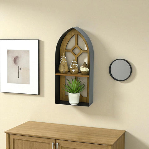 Meliora 20.25" Cathedral Window Curio Shelf – Wood & Metal – Modern Minimalist Design – Matte Black Finish – Ideal for Table or Wall - Living Room Decor – by Cheungs