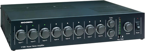 Bogen V100 Power Vector Modular Amplifier, 100W, Commercial Audio, 8 Module Bays, Priority Level Control, Motorized Volume Control, LED Output Meter, Grounded Unswitched AC Outlet