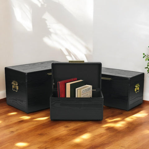 Cheungs Sable Set of 3 Black Rectangle Wood Trunks with Gold Handles - 19.25" Storage for Living Room