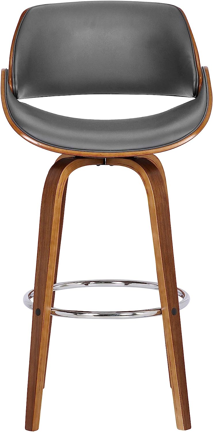 Mona Contemporary 26 Counter HeightSwivel Barstool in Walnut Wood Finish and Grey Faux Leather