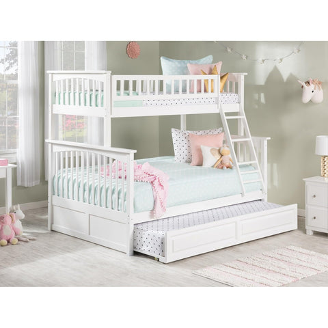 Atlantic Furniture Columbia Bunk Bed Twin Over Full with Twin Size Raised Panel Trundle Bed in White