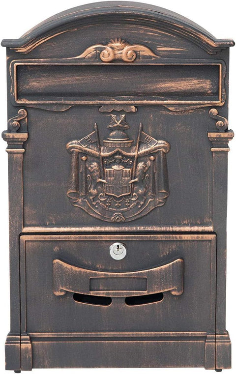 Fine Art Living - Barcelona (ME01R) Locking Cast Aluminum Mailbox for Outside: Vintage Victorian Heavy Duty & Theft Proof Postbox - Wall Mounted, Medium Capacity (L10 x W3.5 x H16), Red Bronze