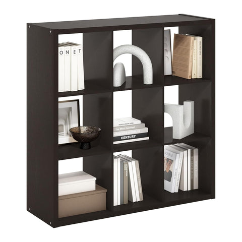 Oakestry Cubicle Open Back Decorative Cube Storage Organizer 9 Cube Wooden Shelving Unit Freestanding Display Shelf Modern Home Office Furniture (Dark Oak)