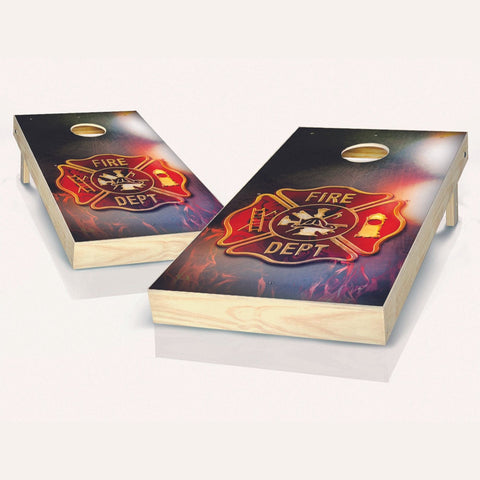 Skip's Garage Fireman Badge Cornhole Set - 2x4 Boards (All Weather Bags) - Include Edge Lights + Score Tower