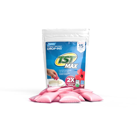 Camco TST MAX RV Toilet Treatment Drop-INs - Control Unwanted Odors & Break Down Waste and Tissue - Safe Septic Tank Treatment - Hibiscus Breeze Scent, 15-Pack (41600)