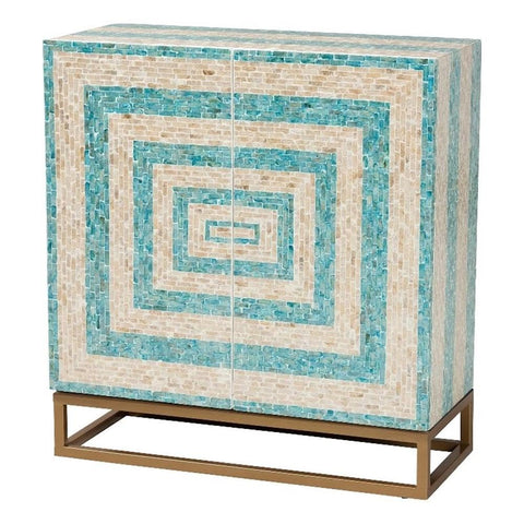 Baxton Studio Utari Modern Bohemian Mosaic Beige/Blue Mother of Pearl Storage Cabinet