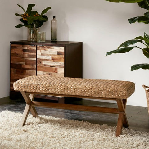 Oakestry 18" Entryway Bench, Bedroom Bench for End of Bed, Dining Bench with Woven Water Hyacinth Seat for Kitchen, Living Room, Fabric Solid Wood Indoor Bench, Brown