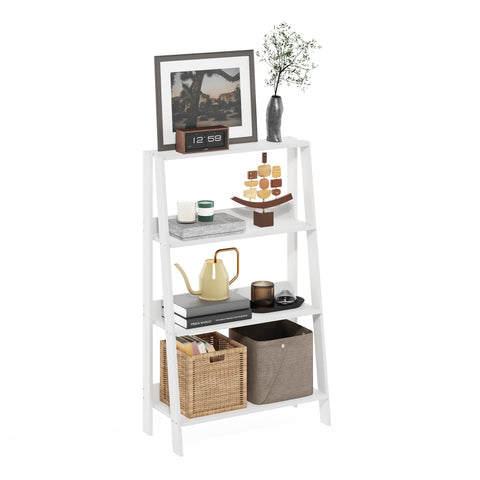 Furinno Ladder Book Shelf, 4-Tier Ladder Shelf, Open Design Bookshelf, Display Storage Bookcase, 10.9" x 23.6" x 38.4", Living Room, Home Office, White