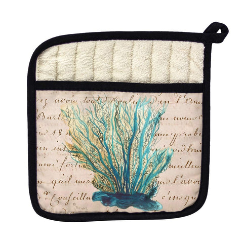 Betsy Drake PT703B Blue Coral Beige Script Pot Holder