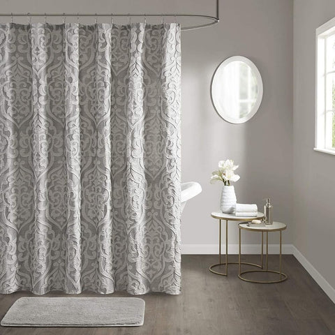 Oakestry Polyester Natural Sheen Luxurious Textured Shower Curtain Gorgeous Damask Medallion Design Jacquard Ground Elegant Bathroom Decor 72" L x 72" W, Silver