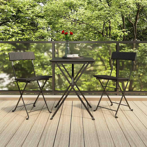 Oakestry 3-Piece Folding Bistro Set Black PE Rattan with Powder-Coated Steel Frame, Compact Patio Dining Set