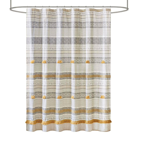 Ink+Ivy Cody 100% Cotton Shower Curtain, Boho Chic Printed Striped with Tassel Pompom, Fringes Trim, Modern Bathroom Décor, Machine Washable 72" x 72" Grey/Yellow
