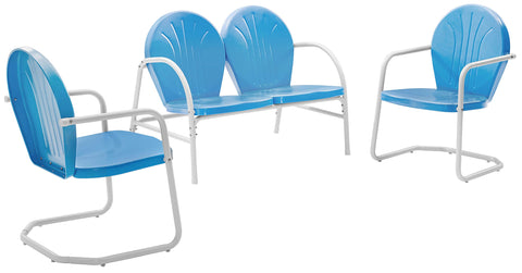 Griffith 3Pc Retro Outdoor Loveseat Patio Furniture Set Sky Blue Gloss/White Satin - Loveseat,  2 Chairs