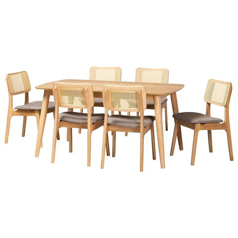 Oakestry 7-Pc Dannon Mid Century Modern Grey Fabric Upholstered Natural Oak Light Brown Wood Dining Set Kitchen Table Chairs Stylish Contemporary Home Furniture for Dining Room and Kitchen