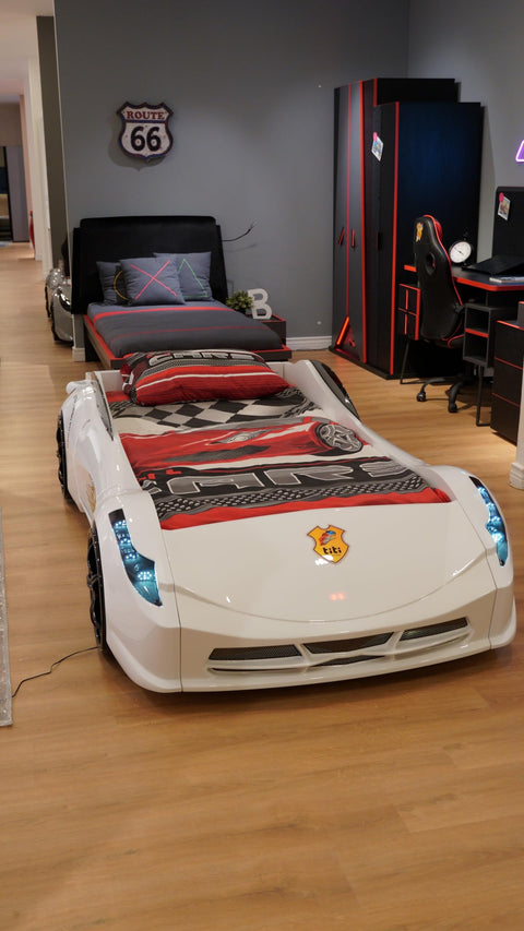 TT Twin Race Car Bed, Remote Control, LED Lights, Sound FX, Rear Seat