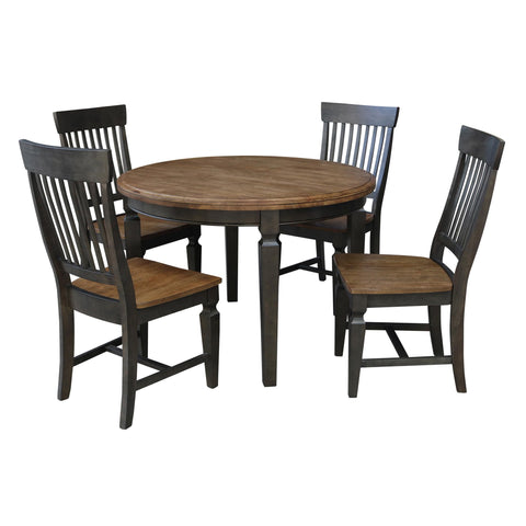 IC INTERNATIONAL CONCEPTS 44 in Round Wood Dining Table with 4 Slatback Chairs in Hickory/Washed Coal