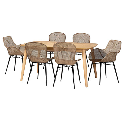 Baxton Studio Emmali 59.1-inch W Dining Set, Greywash/Natural Brown/Black, 7-Piece