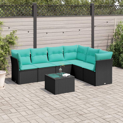 vidaXL Patio Sofa Set with Cushions 7 Piece, Sectional Sofa with Glass Table, Outdoor Conversation Set, Modern Style, Black Poly Rattan