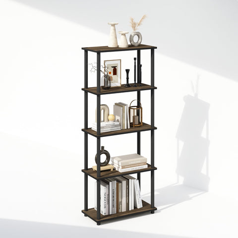 Furinno Turn-N-Tube Book Shelf, 5-Tier Bookshelf, Bookcase with Multipurpose Compact Display Rack, 11.6 x 23.6 x 57.4, for Living Room, Bedroom, Home Office, Columbia Walnut/Black