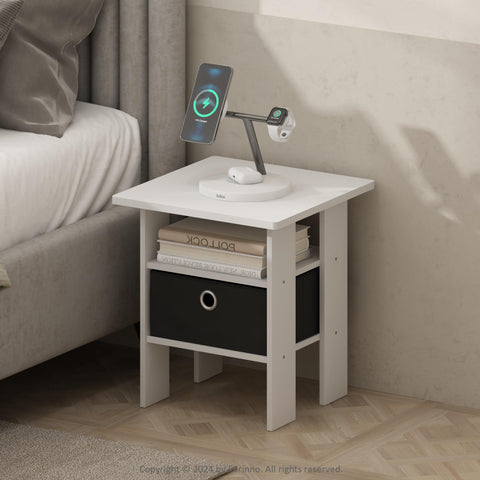 Furinno Tidur Bedside Table Nightstand with Bin Drawer White/Black