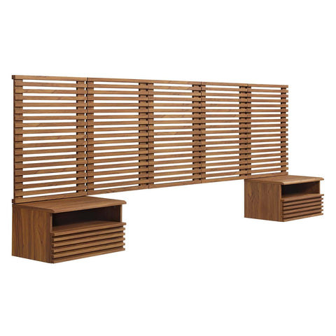 Modway Render Wall-Mount Headboard and Modern Nightstands Bedroom Set, Queen, Walnut