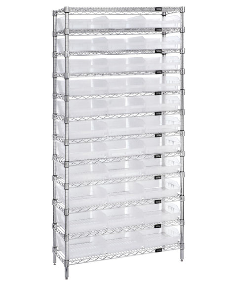 QUANTUM STORAGE SYSTEMS WR12-116CL Wire Heavy Duty 12 Shelves 74" H x 36" W x 24" D with 33 Clear Bins 24" L x 12" W x 4" H