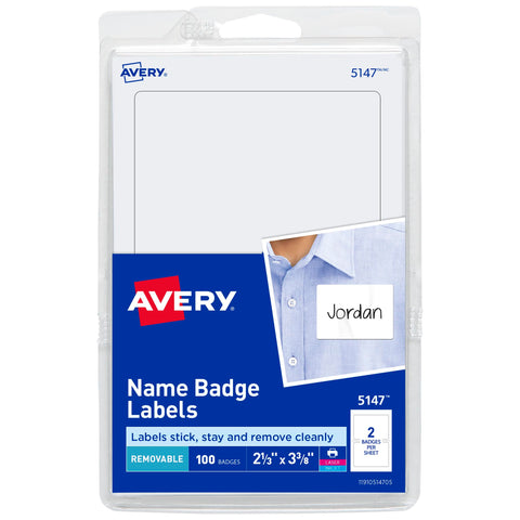 Avery® Customizable Name Tags, 2-1/3" x 3-3/8", White, 100 Removable Name Badges (05147)