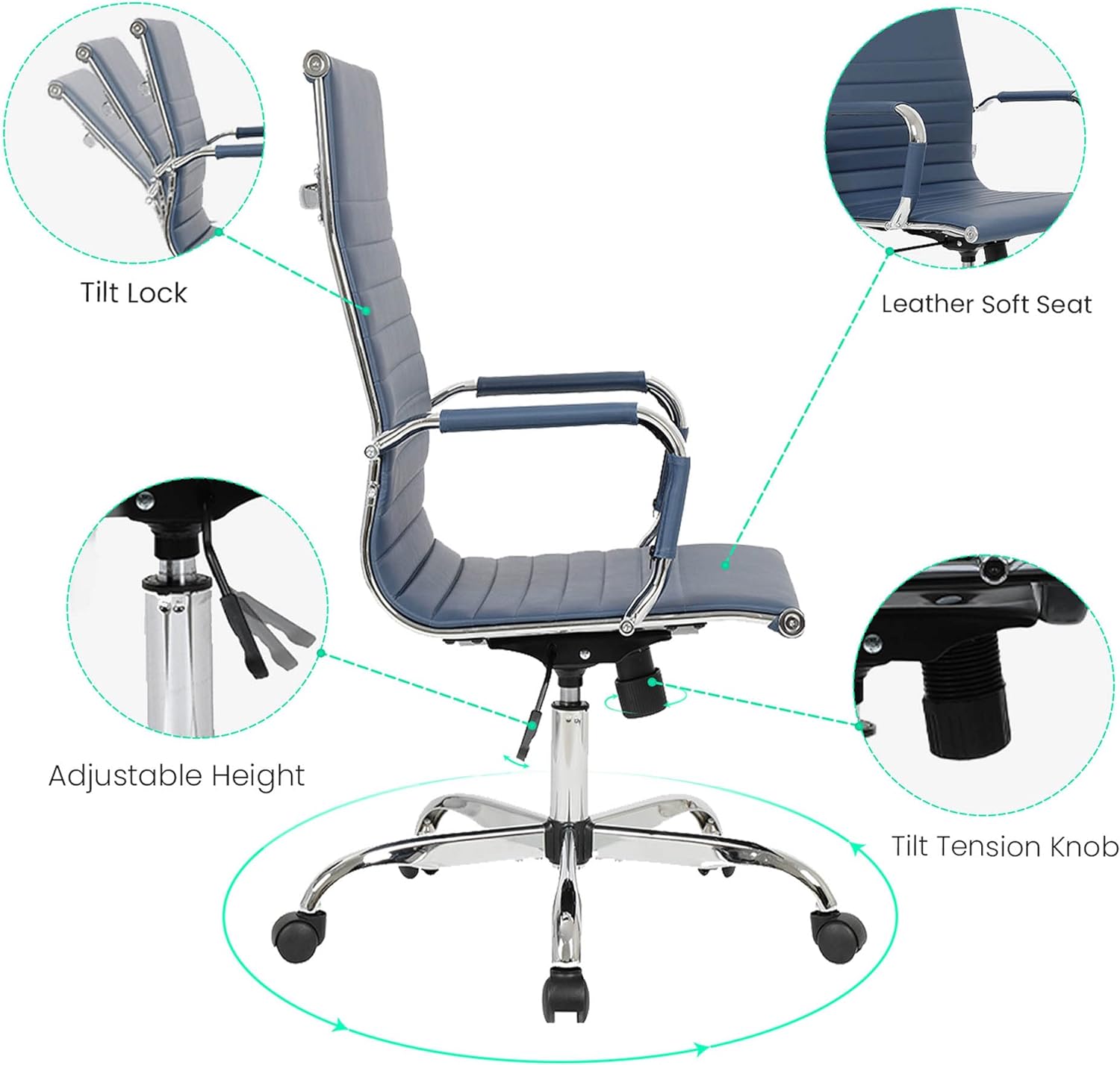 LeisureMod Harris Modern Adjustable Swivel Leather High-Back Task Office Chair, Navy Blue