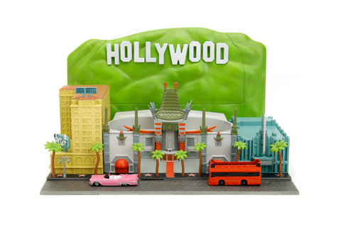 Jada Nano Hollywood Rides Walk of Fame Diorama w/ Hollywood Sign and 2 Vehicles (Double-Decker Tour Bus & 1958 Cadillac Series 62 Convertible), Toys for Kids and Adults