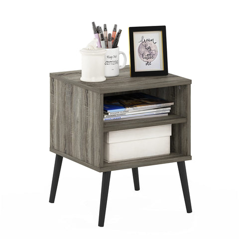 Furinno Claude Side Table, 2-Tier Square Mid-Century End Table with Wooden Legs, Open Shelf Night Stand, Bedside Table, for Living Room, Bedroom, French Oak Grey