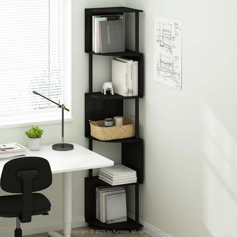 Furinno Basic Book Shelf, 5-Tier Bookshelf, Bookcase with Zigzag Corner Shelf, 14.2 x 14.2 x 71.2, for Living Room, Bedroom, Home Office, Espresso/Black