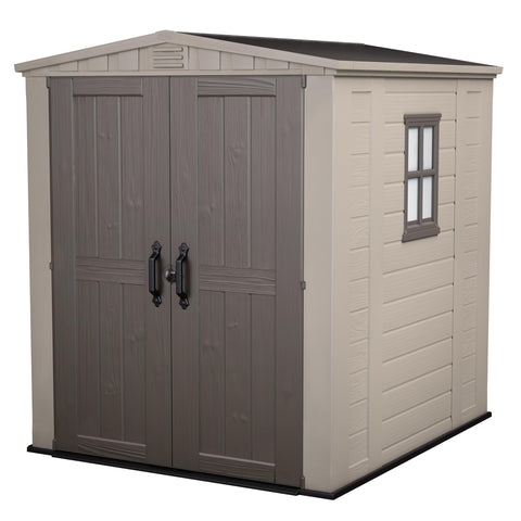 Keter Factor 8x8 Foot Large Resin Outdoor Shed with Floor for Patio Furniture, Lawn Mower, and Bike Storage, Taupe & Brown