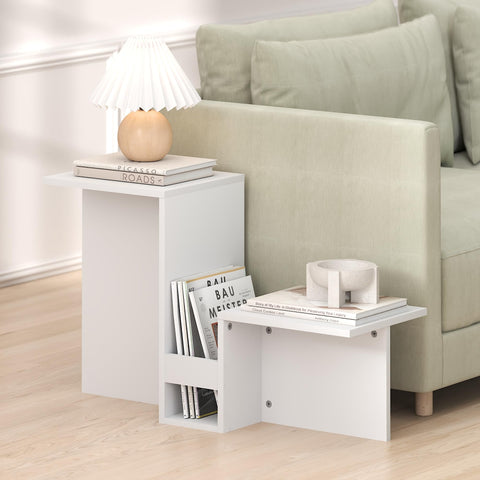Furinno BOYATE Side Table, Valley Shaped End Table, with Tiered Levels and Magazine Rack, for Living Room, White